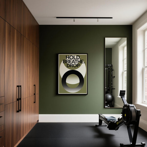 Minimalist home gym wall art featuring breath-focused message.