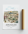 Scenic Jerusalem cityscape wall art print with clustered rooftops and distant hills