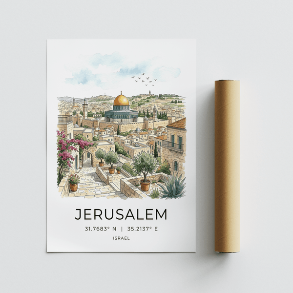 Scenic Jerusalem cityscape wall art print with clustered rooftops and distant hills
