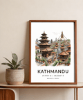 Travel poster of Kathmandu with temple architecture, birds in the sky, and coordinate text