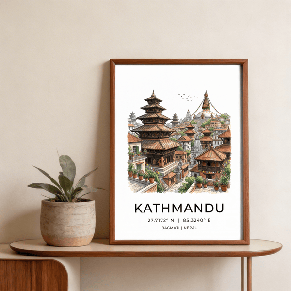 Travel poster of Kathmandu with temple architecture, birds in the sky, and coordinate text