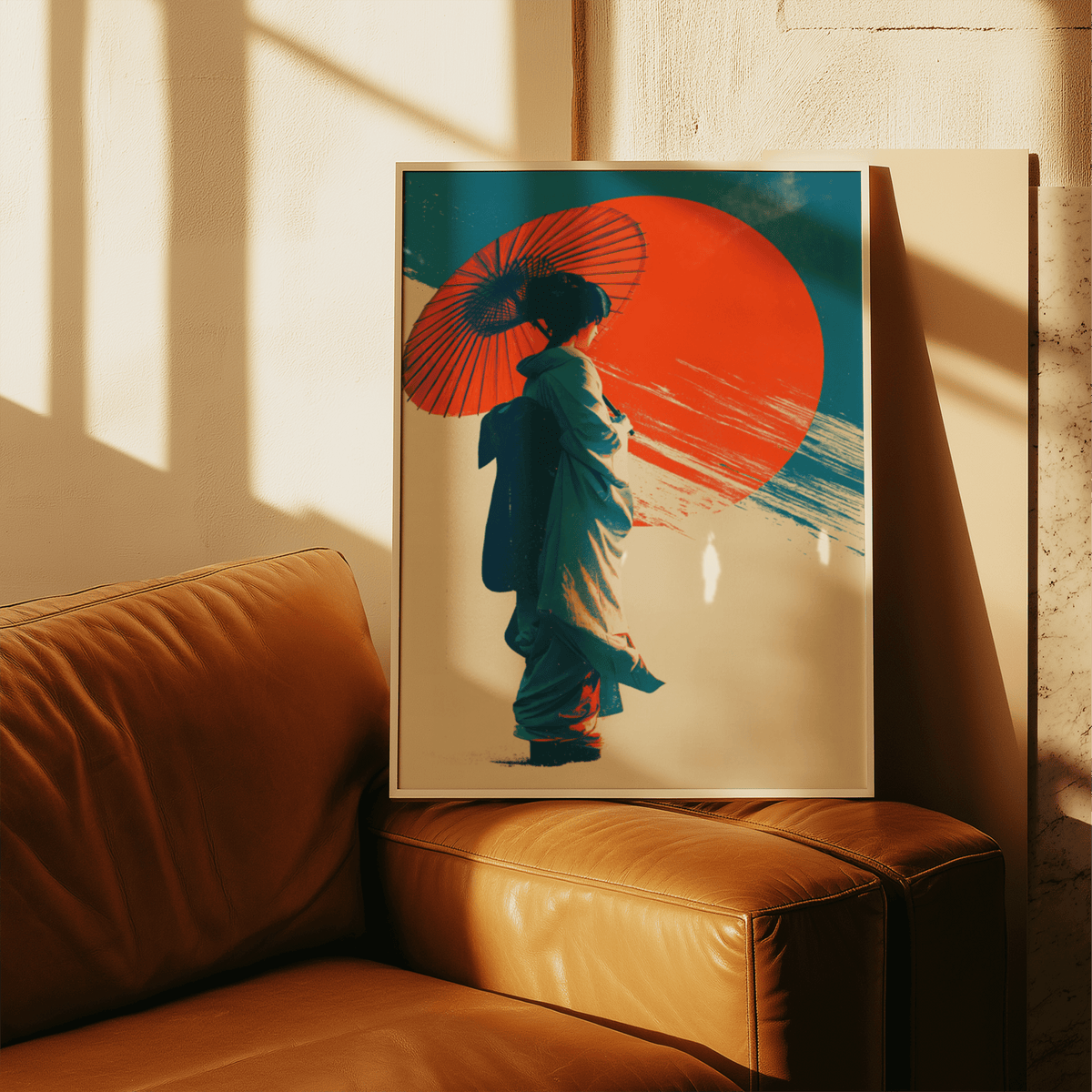 Japanese Geisha Pop Art with Blue and Red palette in minimalist living space as a print