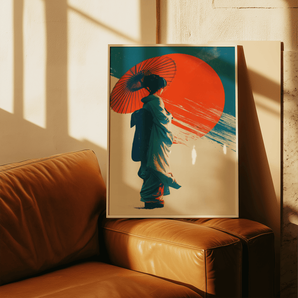 Japanese Geisha Pop Art with Blue and Red palette in minimalist living space as a print
