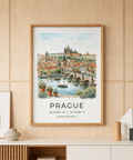 Watercolor-style Prague print poster showing skyline, rooftops, and cathedral spires