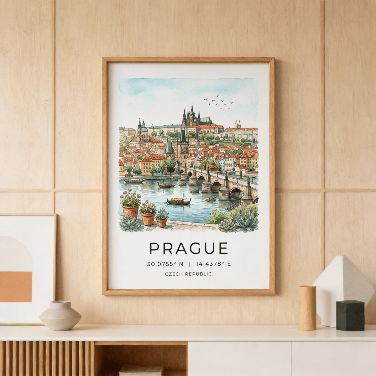 Watercolor-style Prague print poster showing skyline, rooftops, and cathedral spires