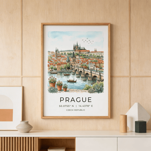 Watercolor-style Prague print poster showing skyline, rooftops, and cathedral spires