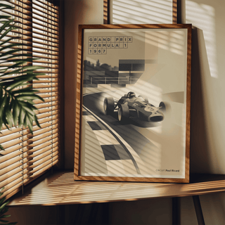 Sports Car Poster depicting a 1967 Grand Prix scene with racing car on track