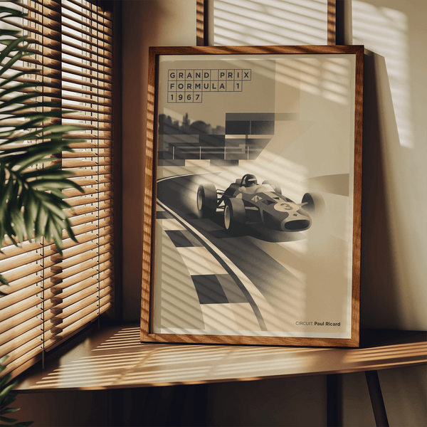 Sports Car Poster depicting a 1967 Grand Prix scene with racing car on track
