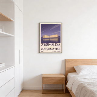 Horizontal composition poster print with waterfront structures and mirrored reflection