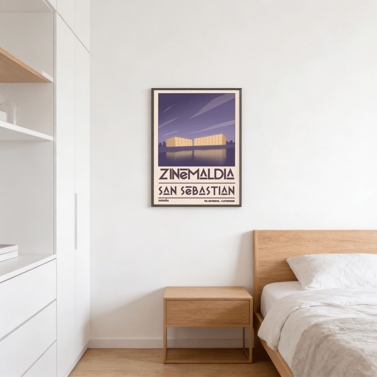 Horizontal composition poster print with waterfront structures and mirrored reflection