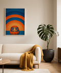 Modern Daruma Doll Wall Art poster in blue, orange for office decor
