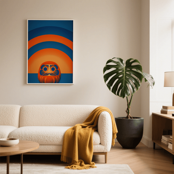 Modern Daruma Doll Wall Art poster in blue, orange for office decor