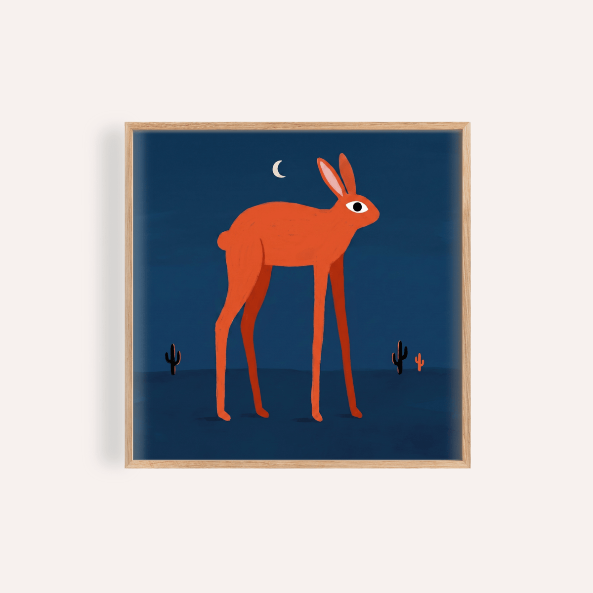 Centered orange rabbit poster with crescent moon and cactus silhouettes