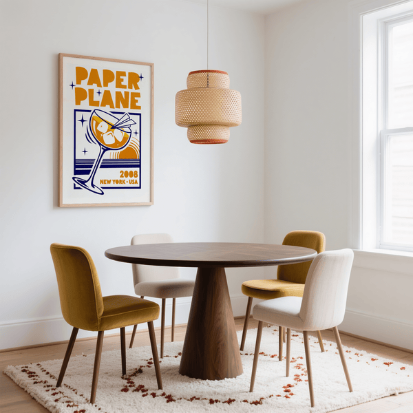 Paper Plane Cocktail Poster kitchen wall art with bold orange and blue design