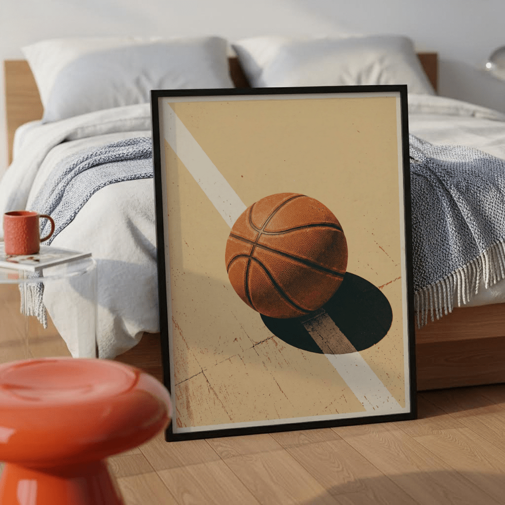 Court surface wall art print with a single basketball, scuffed background details, and diagonal stripe