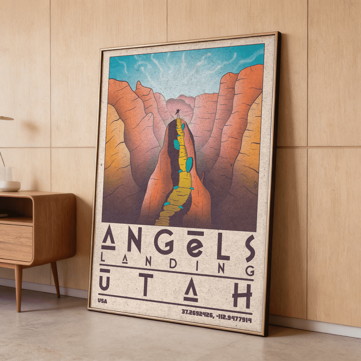 Canyon landscape poster with a central rock formation and hiker silhouette under a blue sky