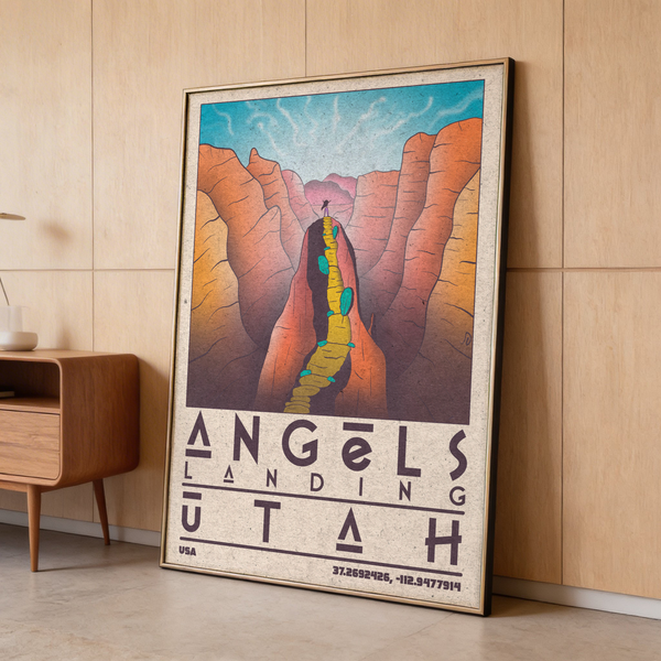 Canyon landscape poster with a central rock formation and hiker silhouette under a blue sky