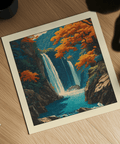 Studio flat lay featuring Hasui Kawase waterfall Wall Art beside sketchbook