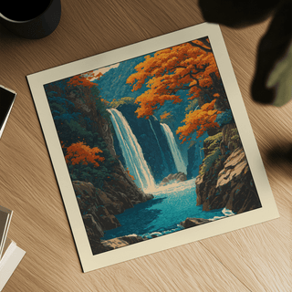 Studio flat lay featuring Hasui Kawase waterfall Wall Art beside sketchbook