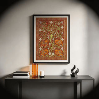 Framed living room mockup displaying Elephant Tree Wall Art above neutral sofa