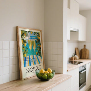 Artwork showing prosecco on a striped table in a Vintage Italian Poster style