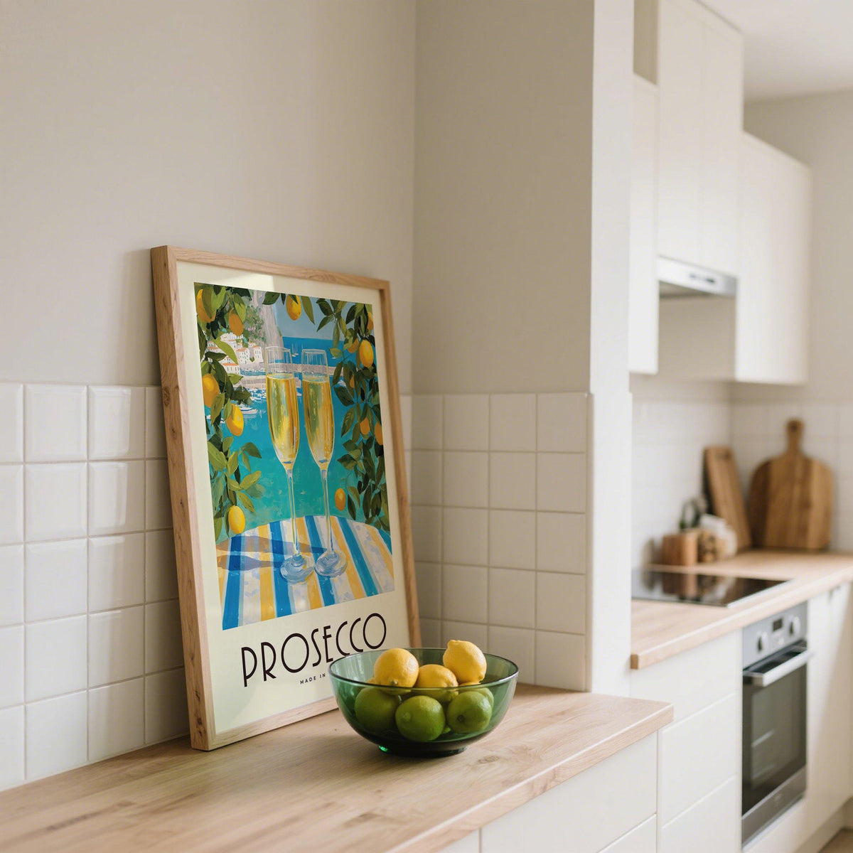Artwork showing prosecco on a striped table in a Vintage Italian Poster style