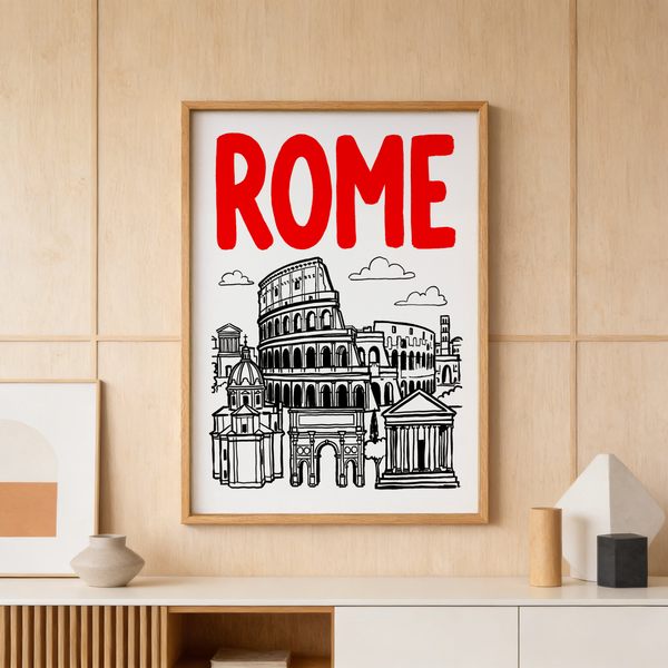 Bold travel poster showing ROMA text atop simplified classical landmarks