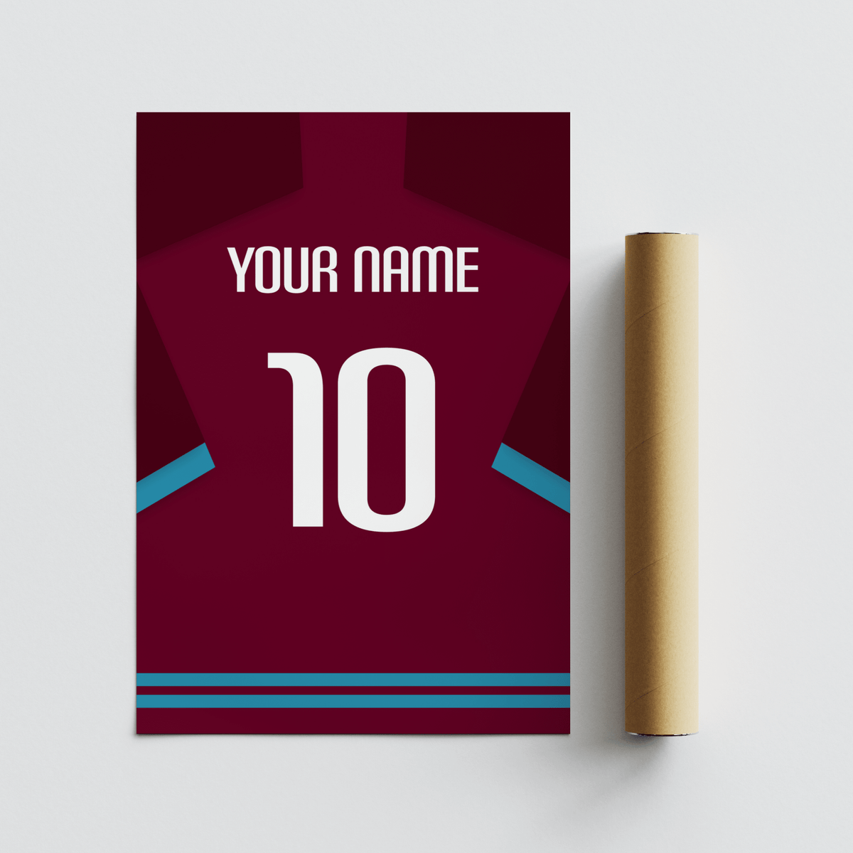 Showing maroon-style jersey back print with sleeve panels, name line, and big 10