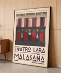 Stylized Madrid theatre poster with large TEATRO LARA MALASAÑA typography