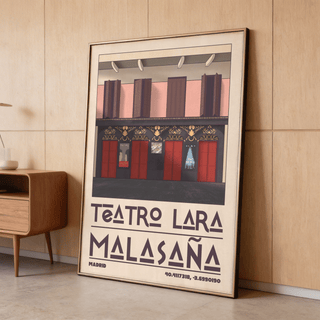 Stylized Madrid theatre poster with large TEATRO LARA MALASAÑA typography