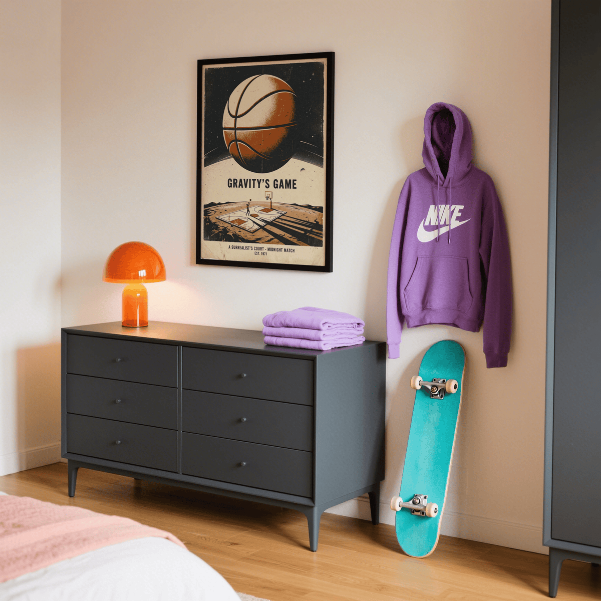 Vintage poster texture framing a Surreal Basketball Art Print of space themed hoops