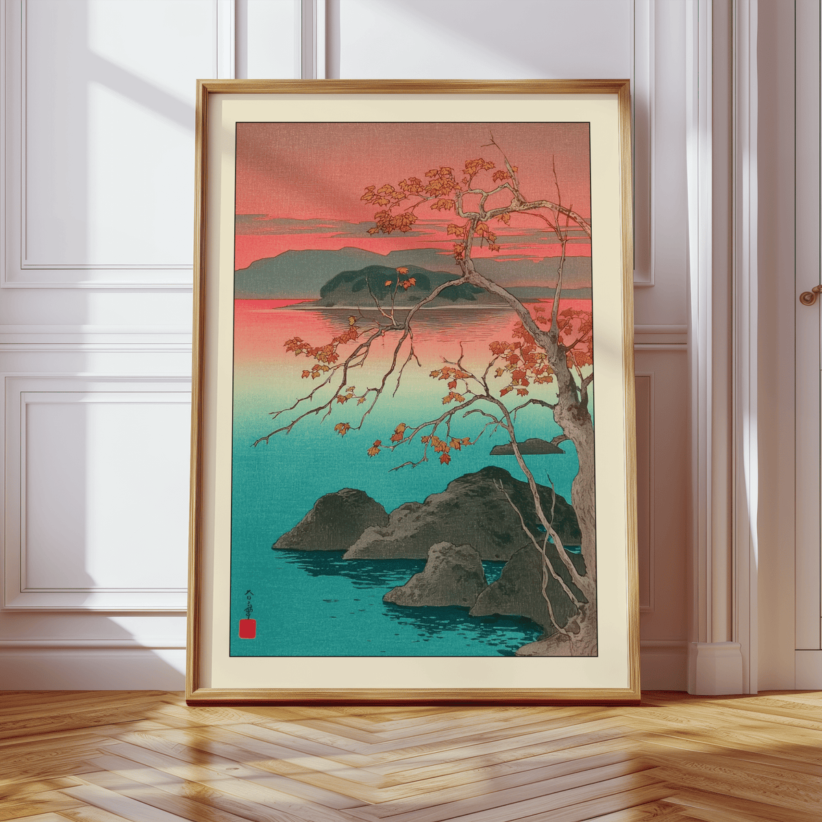 Side angle of Hasui Kawase maple leaves print emphasising diagonal tree trunk