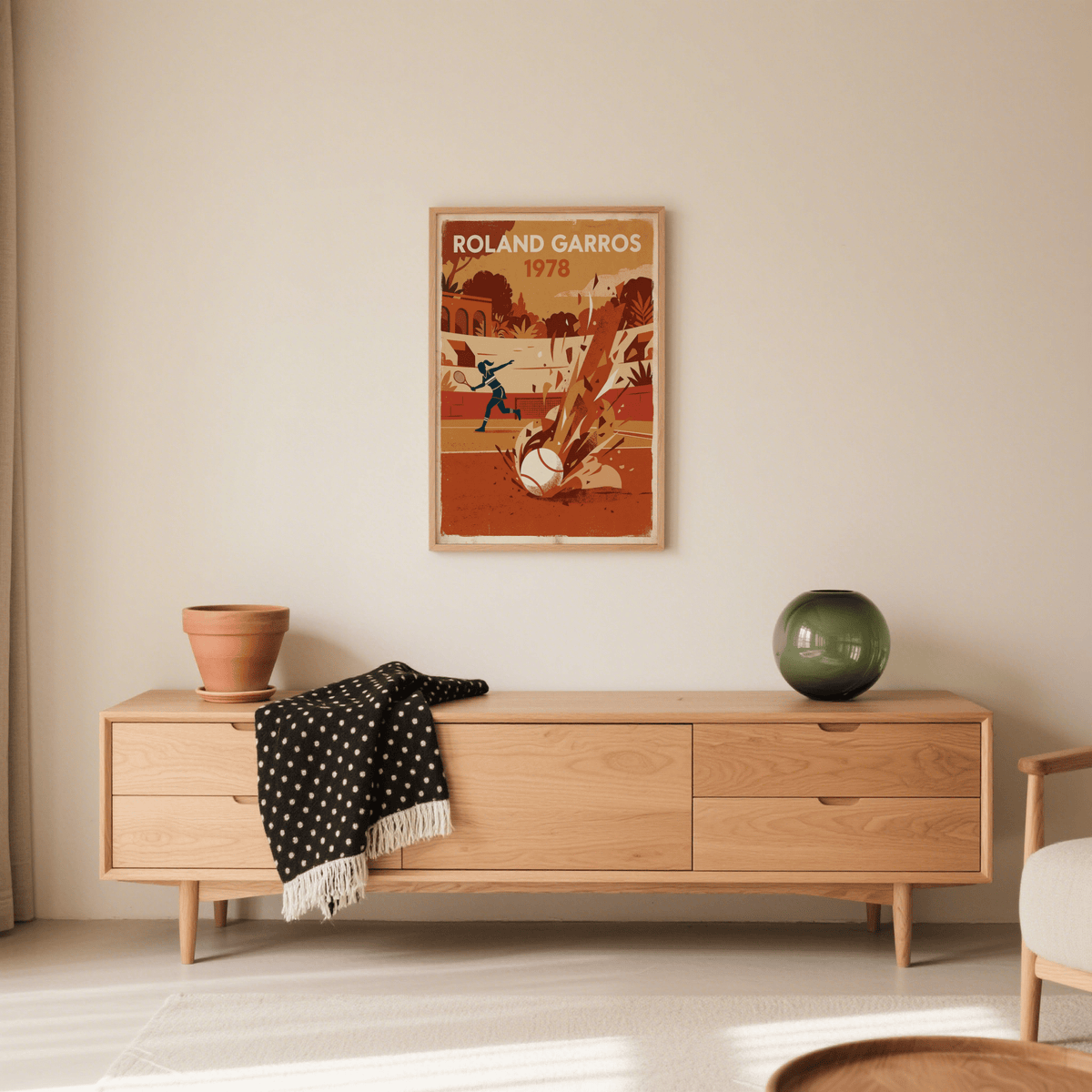 Sports-themed tennis wall art poster with big event lettering and large tennis ball in foreground