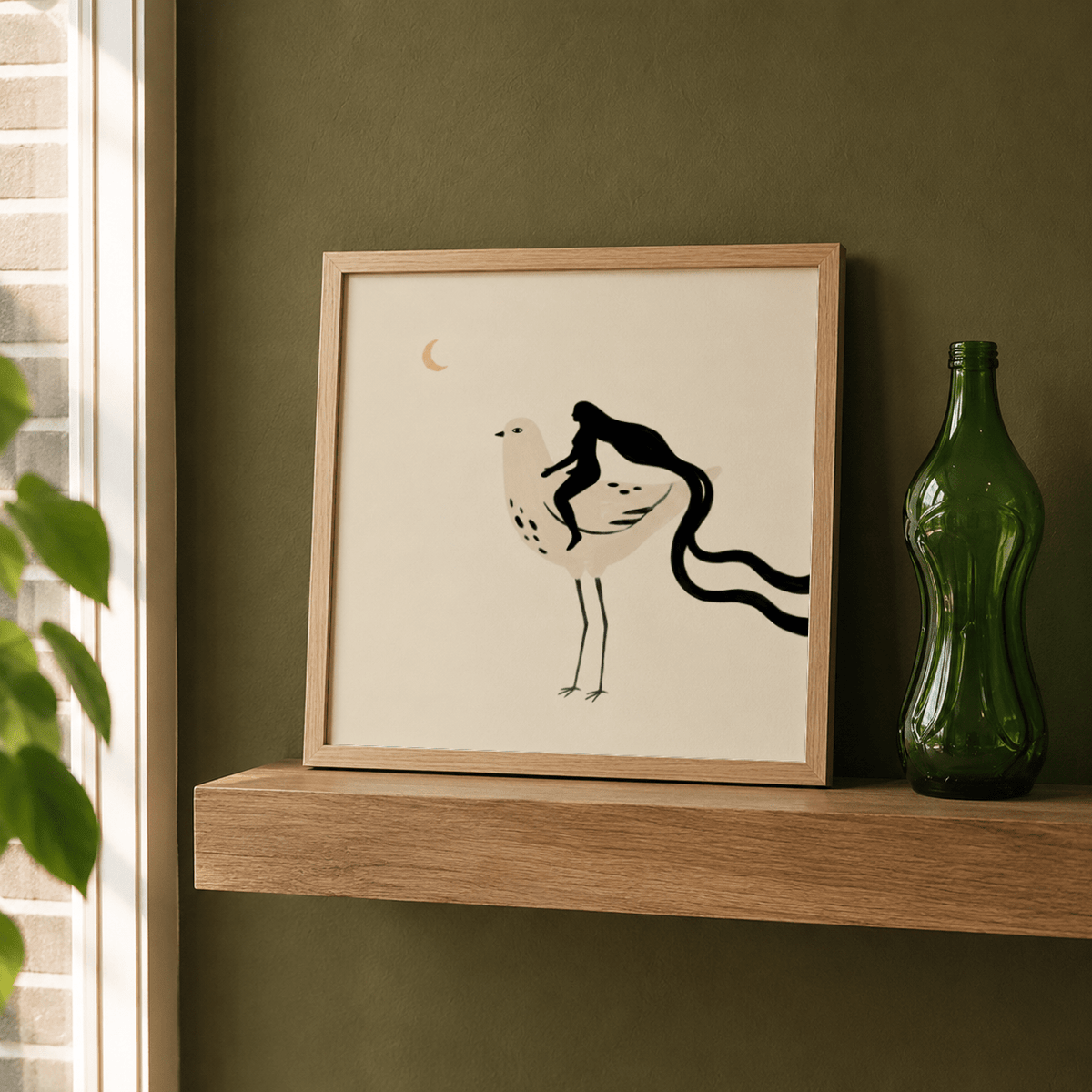 Surreal bird wall art print with long flowing hair shape and dotted wing details
