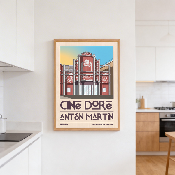 Top section of Madrid Landmark Poster highlighting rounded marquee area and balcony details