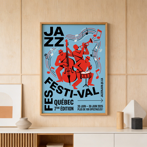 Graphic wall art print showing double bass player, drummer, and trumpet player