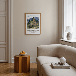 Framed Machu Picchu Art Print with llama figures and layered peaks