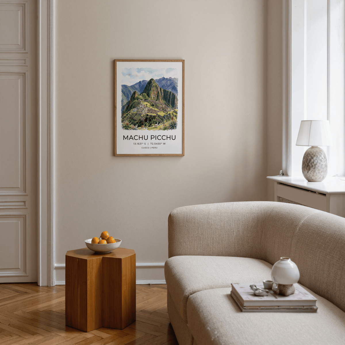 Framed Machu Picchu Art Print with llama figures and layered peaks