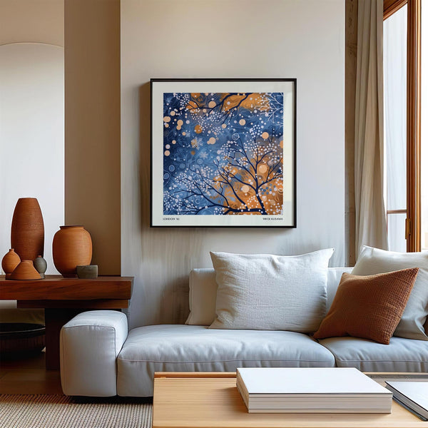 Square winter scene wall art featuring abstract seasonal patterns