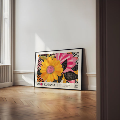 Modern wall art poster featuring vivid flowers and intricate patterns