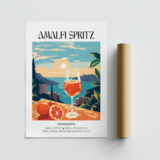 Stylized cocktail recipe poster print with Amalfi coastline scene, sun, clouds, and drink glass
