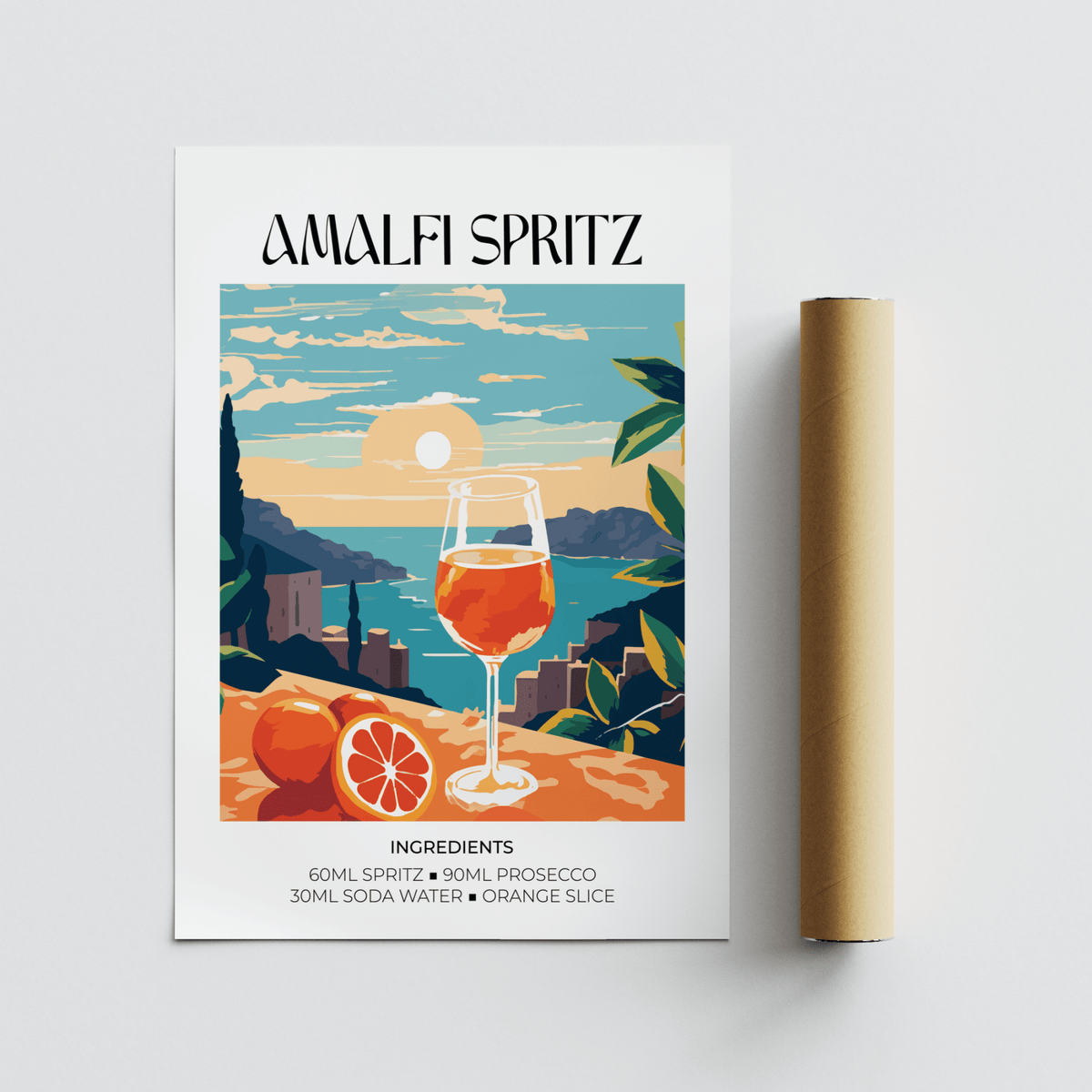 Stylized cocktail recipe poster print with Amalfi coastline scene, sun, clouds, and drink glass