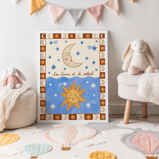 Split panel celestial illustration with comet streaks and French script text