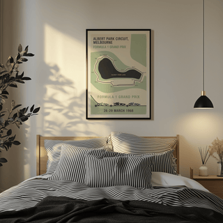 Gallery wall arrangement with motorsport track maps including Albert Park piece