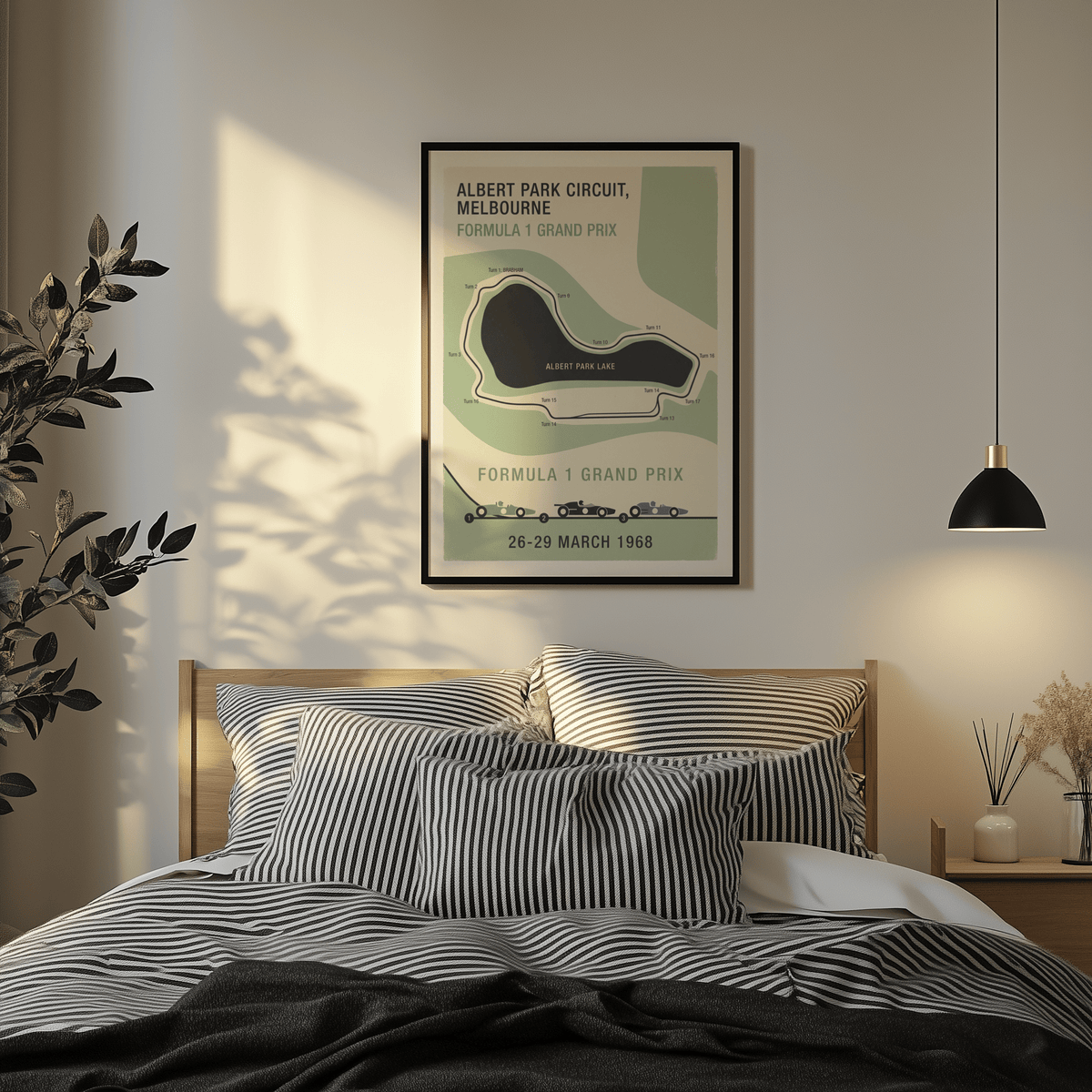 Gallery wall arrangement with motorsport track maps including Albert Park piece