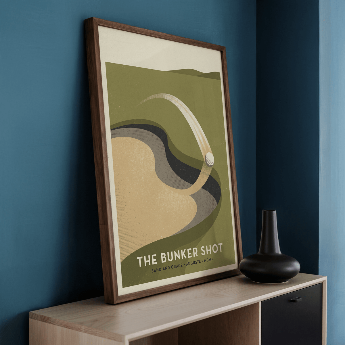Graphic golf poster of bunker shot using Green and Beige palette