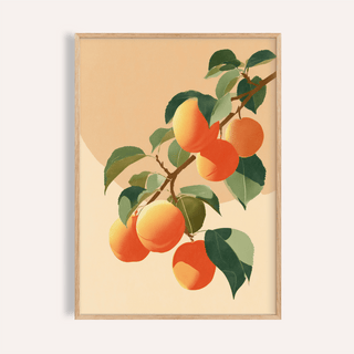 Framed apricot wall print showing apricots on a branch with green leaves in soft orange and beige tones