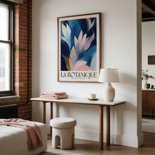 Abstract botanical art with navy foliage and blush details