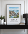 Multicolored skyline art print of Zurich with bold black typography