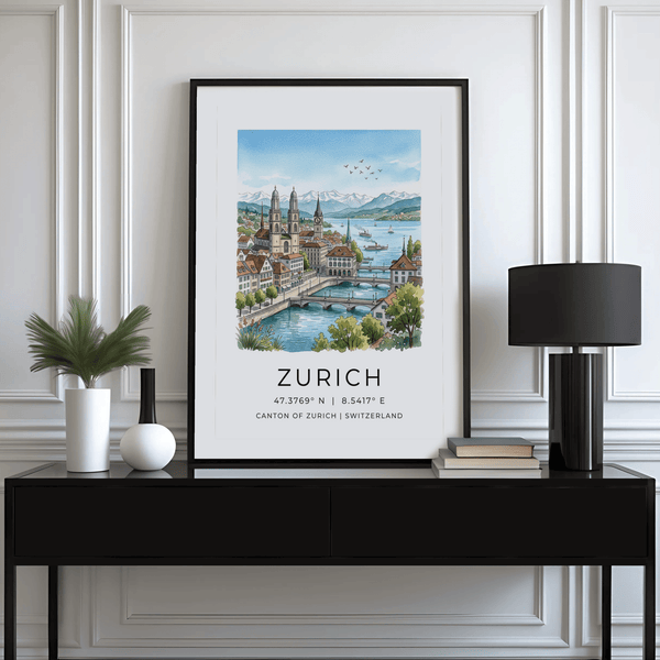 Multicolored skyline art print of Zurich with bold black typography